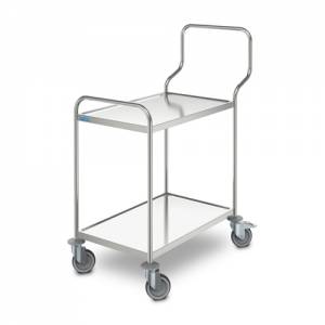 Ergonomic serving trolley, dimensions 103.8 x 60 x 126.8 cm. Stainless steel, 2 shelves, dimensions 80 x 50 cm. 4 Hupfer casters.