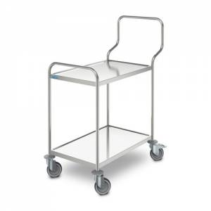 Ergonomic serving trolley, dimensions 123.8 x 70 x 126.8 cm. Stainless steel, 2 shelves, dimensions 100 x 60 cm. 4 Hupfer casters.