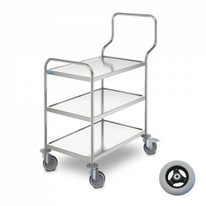 Chariot de service ergonomique, dimensions 103,8 x 60 x 126,8 cm. Acier inoxydable, 3 étagères, dimensions 80 x 50 cm. 4 roulettes indéformables Hupfer