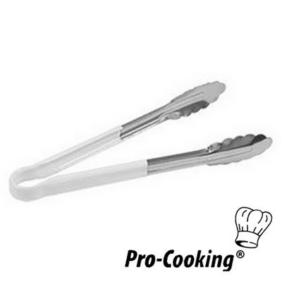 SERVING TONGS PRO-COOKING STAINLESS STEEL W/WHITE PLASTIC HANDLE LENGTH 25CM.