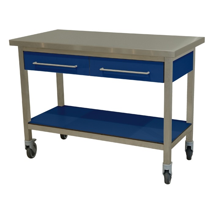 Werktafel verrijdbaar laden en bodemschap in volkern kleur blauw afm. 120x60x90cm.