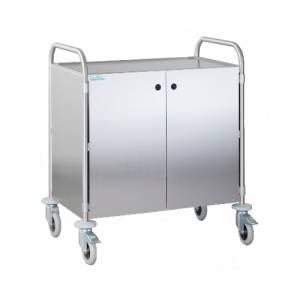 Chariot de service, dimensions 110 x 70 x 96 cm. Acier inoxydable, 2 étagères, dimensions 100 x 60 cm. 4 roulettes (dont 2 avec freins). Hupfer