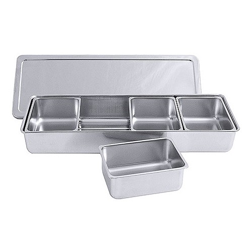 Condimentenhouder incl. deksel en inzetbakjes afm. 40x14x6,2cm. inh. 4x0,75ltr. rvs 18/10