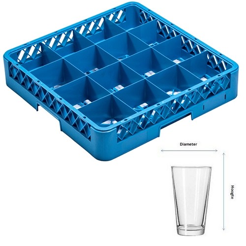 Vaatwaskorf tbv bekers 16-vaks | diam. 11,3cm. en hgt. 7,7cm. | afm. 50x50x10cm. Cleaningrack