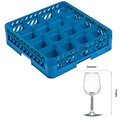 Vaatwaskorf tbv voetglazen 16-vaks | diam. 11,3cm. en hgt. 24cm. | afm. 50x50x26,5cm. Cleaningrack