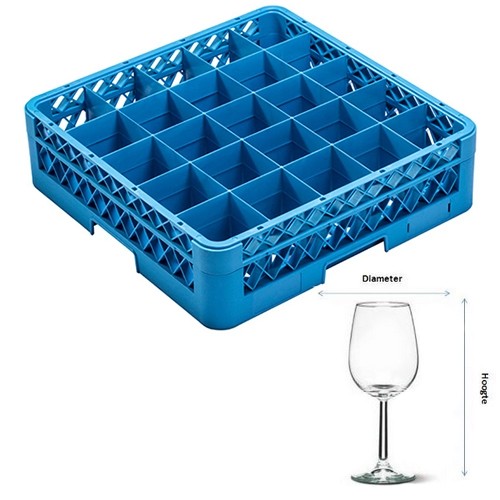 Vaatwaskorf tbv voetglazen 25-vaks | diam. 8,9cm. en hgt. 24cm. | afm. 50x50x30,5cm. Cleaningrack