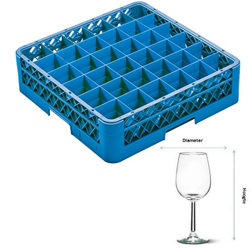 Vaatwaskorf tbv voetglazen 36-vaks | diam. 7,3cm. en hgt. 20cm. | afm. 50x50x22,5cm. Cleaningrack