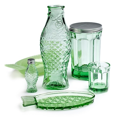 BOTTLE / CARAFE 1 LITER CAPACITY 80CL. HG. 29CM. FISH & FISH PRESSED GLASS COLOR TRANSPARENT GREEN SERAX