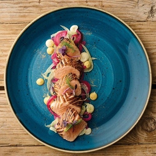 PLAQUE COUPE PLATE DIAM. 26CM. STONECAST JAVA BLEU CHURCHILL