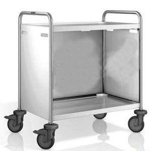 Chariot de service SW 10X6-2, dimensions : 110 x 70 x 95 cm, acier inoxydable. 2 tables, dimensions : 100 x 60 cm, acier inoxydable. Panneaux latéraux. 4 roulettes (dont 2 avec frein). <span translate="no"><span translate="no">B.PRO</span></span>