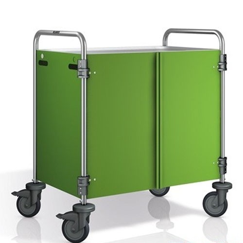 SW 10X6-3 Servierwagen, Abmessungen 110 x 70 x 95 cm, Edelstahl, 2 Tische, Abmessungen 100 x 60 cm, Seitenwände und Türen in Pantone RAL 370C, 4 Rollen (2 mit Bremse) B.PRO