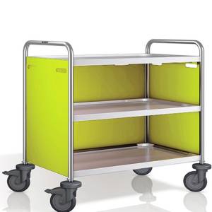 Stainless steel serving trolley SW 8x5-3, shelves and side panels in PANTONE 382C, dimensions 93x60x95cm. <span translate="no">B.PRO</span>