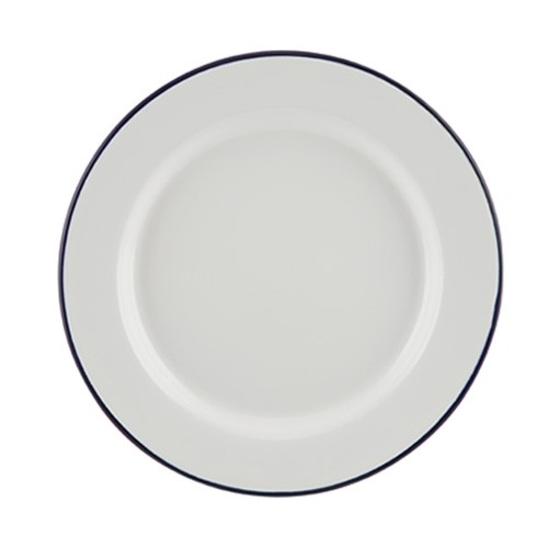 ASSIETTE ÉMAIL DIAM. 26CM. COULEUR BLANC AVEC BORD BLEU