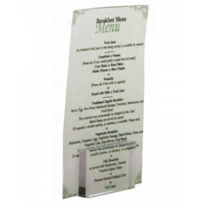 Menükartenhalter aus Acryl, verschiebbar, Abmessungen 8,5 x 3 x 5,5 cm.