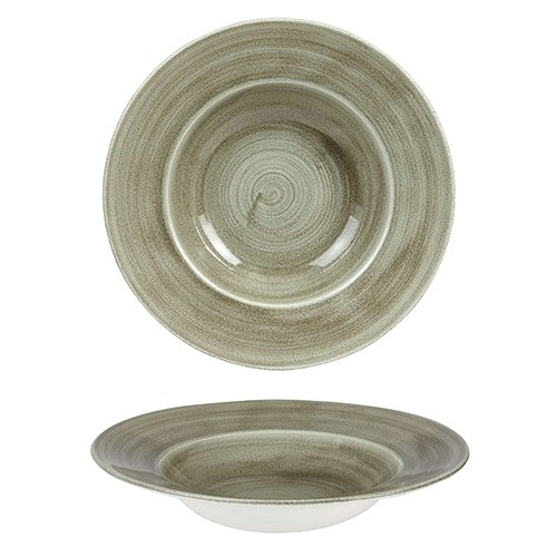 SCHÜSSEL MIT BREITER KANTE STEINGUSS-PATINA DURCHM. 28CM. FARBE POLIERTES GRÜNES CHURCHILL