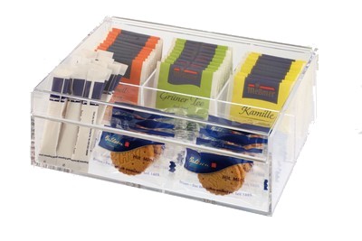 Thee-suiker-melkdoos helder kunststof 4-delig afm. 22x17x9cm.