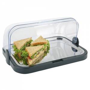Buffetvitrine zwart plateau met roltop deksel, rvs schaal en 2 koelelementen 1 niveau afm. 44x32x(h)20,5cm. kunststof
