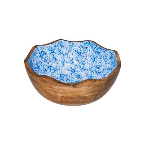 Houten kom diam. 30cm hgt. 11cm. inh. 3l. blauwe bloem